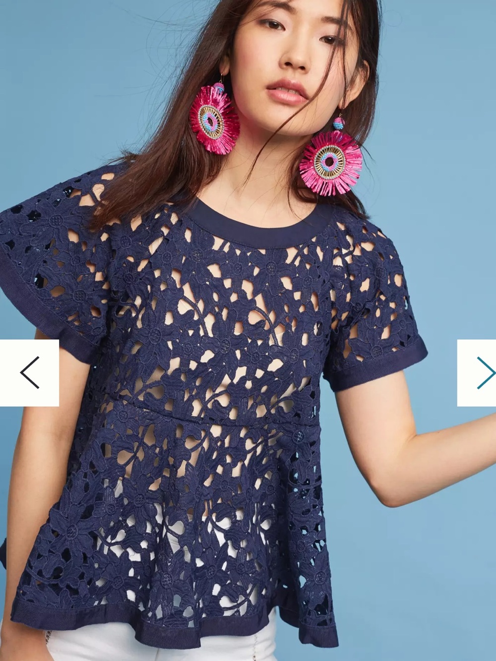 NWT Eri + Ali Remy Swing Top with Floral Lace-Cut in Navy Blue size Small